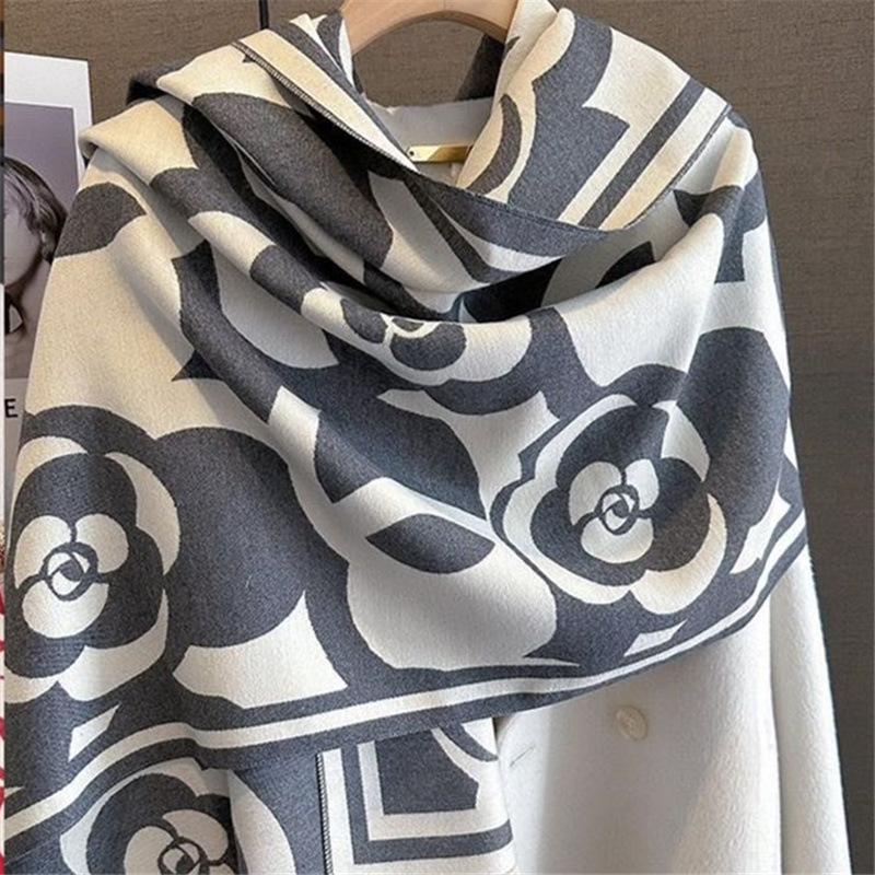 New Rose Flower Imitation Cashmere Scarf for Women In Autumn and Winter Versatile Fashionable and Stylish Thickened Warm Scarf Shawl Outer Wear
