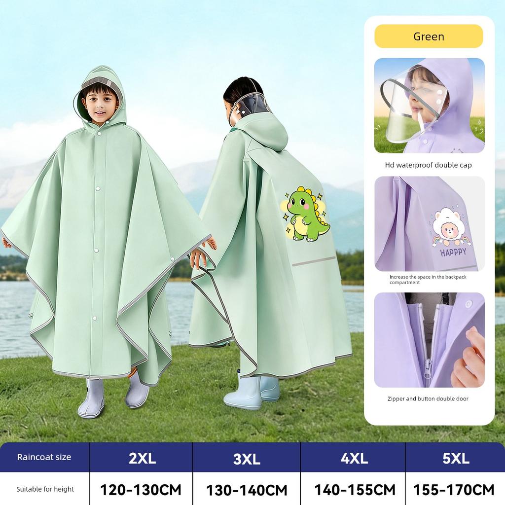 Children's Raincoat for Boys and Girls, Large Kids' Cape-Style Waterproof Poncho with Backpack Space, Suitable for Middle School Students, Can Be