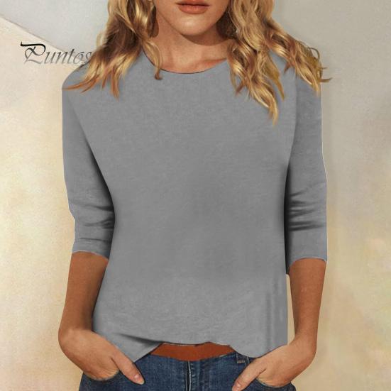 Women Casual T-shirt O-neck 3/4 Sleeve Pullover Tops Solid Color Slim Fit Tunic Tops Stretchy Tee Shirt Streetwear