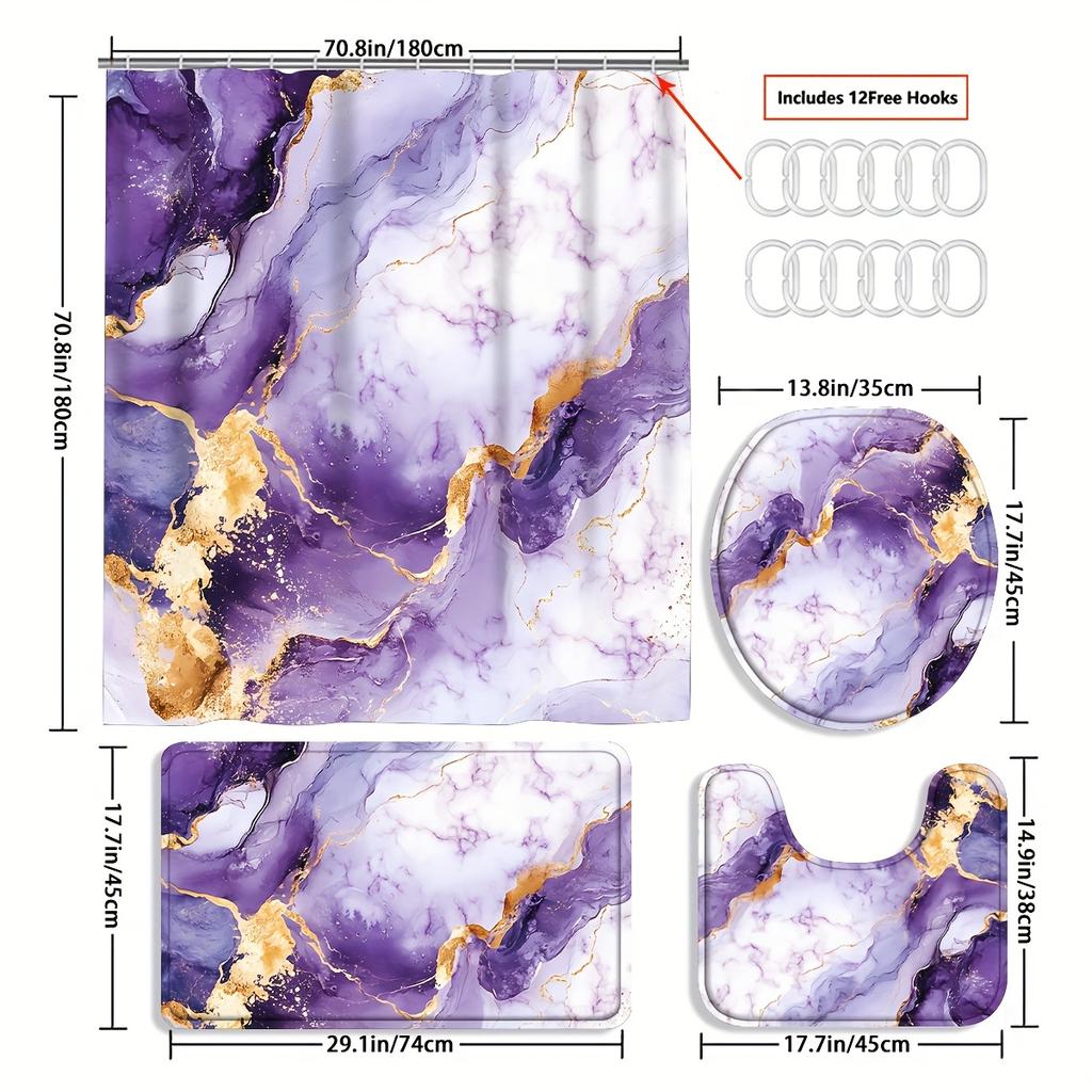 Набор из 4 предметов для ванной комнаты: шторка для душа, фиолетово-золотистый узор, занавеска для ванной комнаты с 12 крючками, противоскользящие коврики, коврик для крышки унитаза, перегородка для ванной