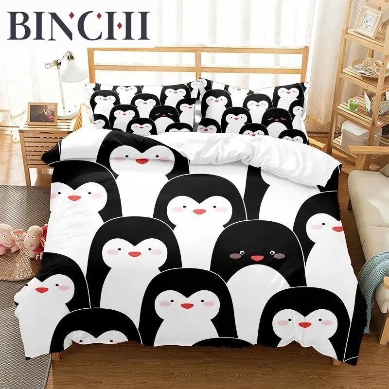 Cartoon Penguin Duvet Cover Collection For Boys Girl Animated Antarctic Animal Polyester Quilt Cover White Black King Queen Size