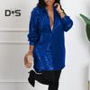 Women Shirt Dress Shiny Sequin Single Breasted Turn Down Collar Long Sleeve Loose Buttons Mid Length Casual Cardigan Lady Blouse Mini Dress