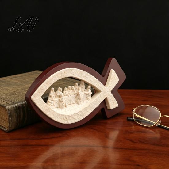 Religious Table Decor Fish Shape Last Supper Scene Statue Resin Sculpture Decorative Faith Unique Christian Gifts Art Ornament for Home Living Room