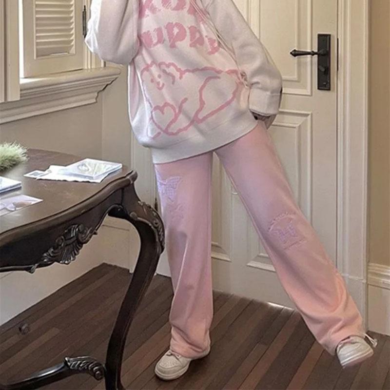 Kawaii милые розовые спортивные штаны для бега, женские спортивные штаны большого размера в корейском стиле, прямые широкие спортивные штаны в стиле Харадзюку, милые спортивные брюки