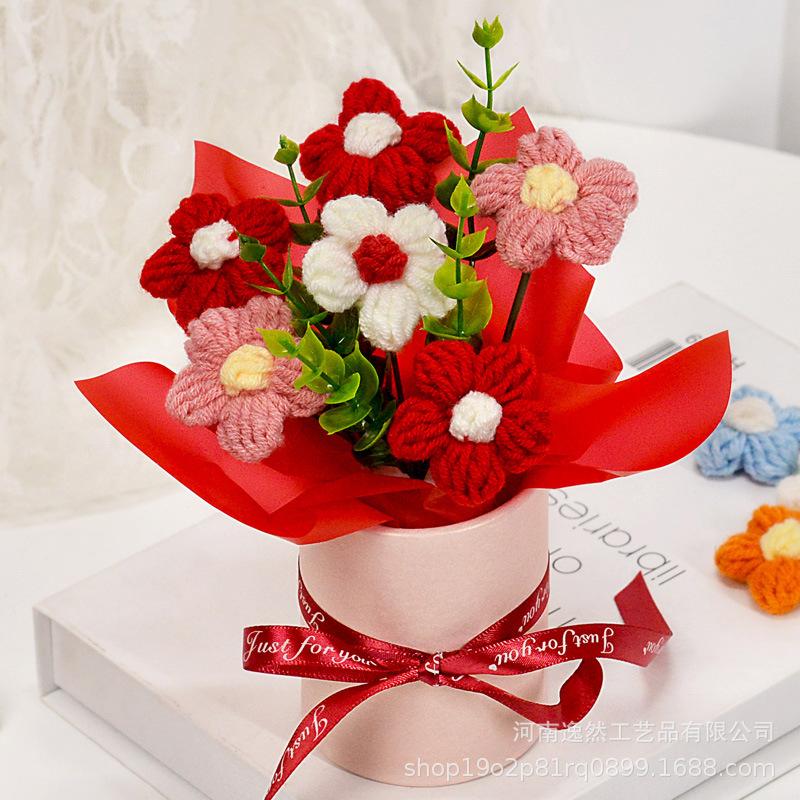 Artificial Flower Crochet Bouquet Knitted Rose Flowers Hugging Bucket Valentine's Day Birthday Gifts Sunflower Daisy Bouquet