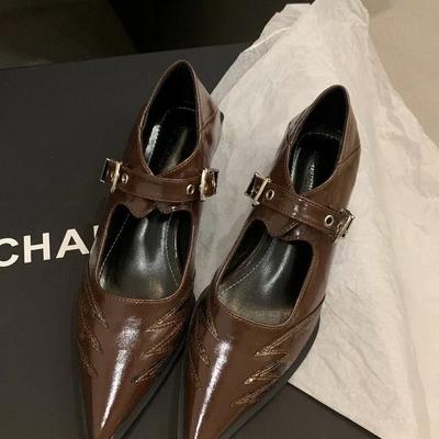 Мода 2024 Весна Женские Туфли-лодочки с острым носком Модные женские элегантные туфли на низком каблуке с пряжкой в уличном стиле Туфли Мэри Джейн