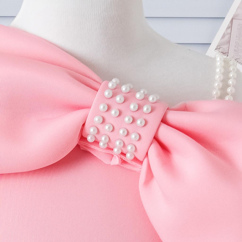 Милое детское платье 2025 года, весна-осень, жемчужный бант, халтер, платье с длинными рукавами для девочек
