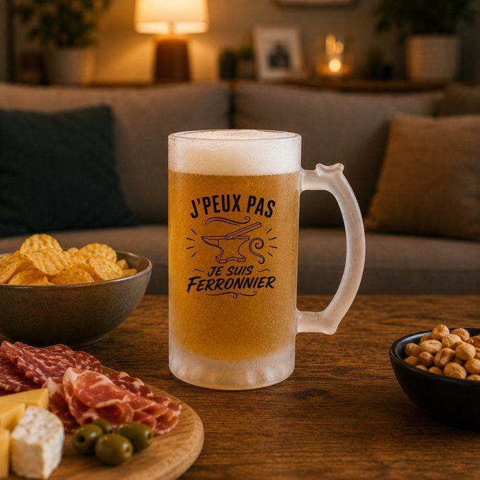 Chope de bière - PLANETEE - J'peux pas minimaliste - Verre trempé givré - 470 ml - Anse recto-verso