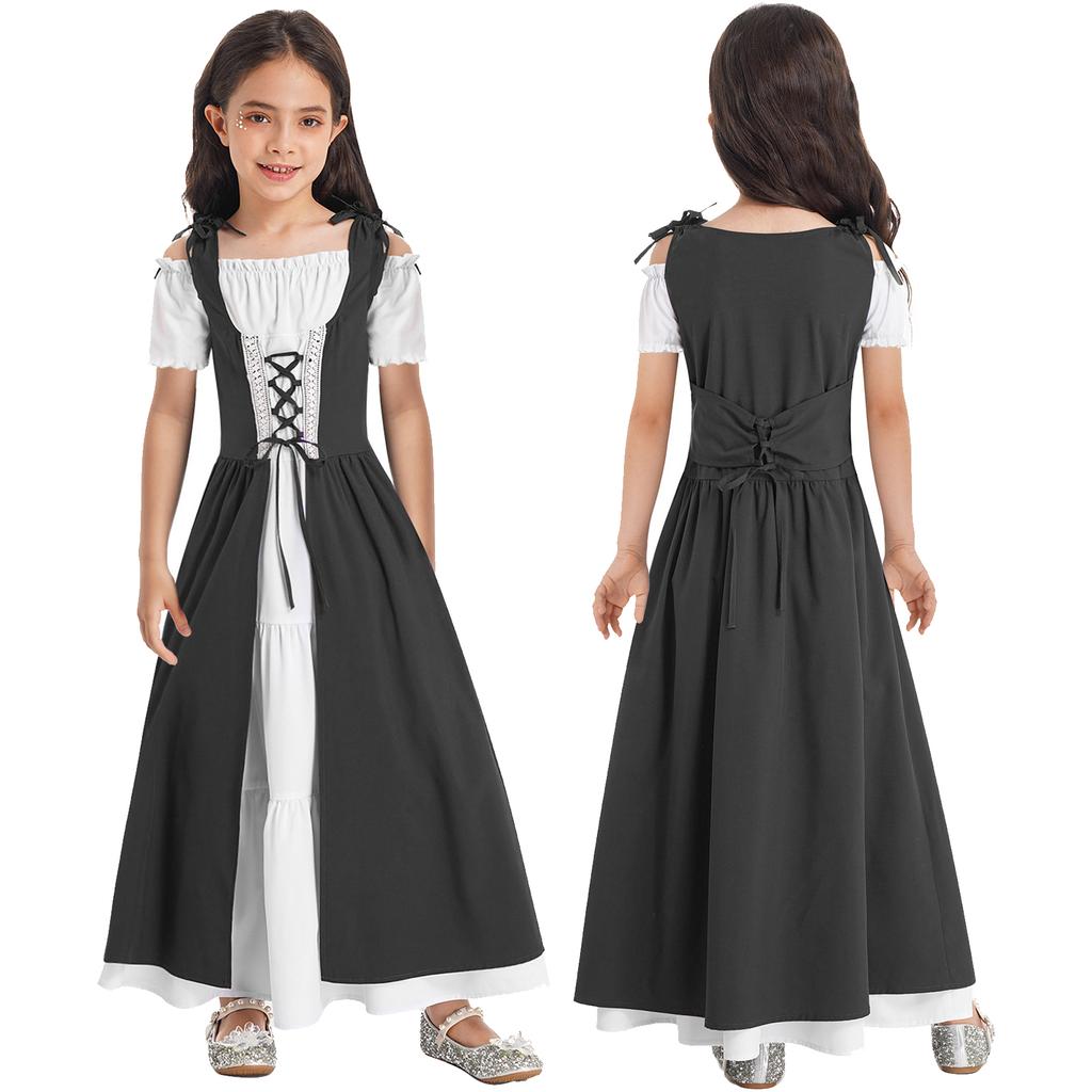 Kids Girls Renaissance Cosplay Medieval Dress Up Costumes Short Sleeve Adjustable Lace-up Gown Dress