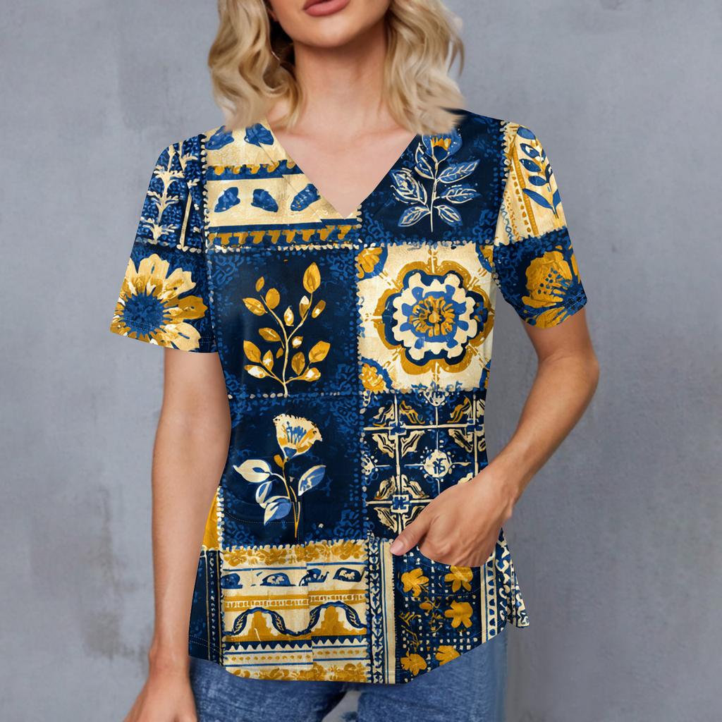 Women's Retro Printed V-Neck Double Pocket Short Sleeves Hem Slit Uniform Caregiver Top