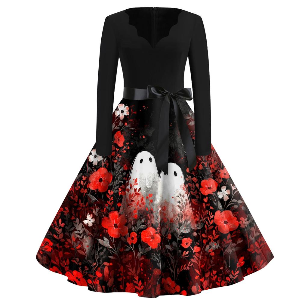 Women’s Casual Halloween Print V Neck Vintage Dress Long Sleeve A Line Midi Dress with Belt for Holiday Party Events