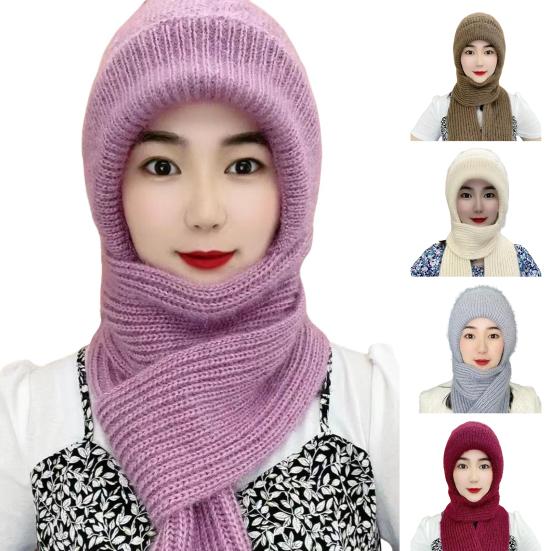 Women Winter Hat with Scarf Thick Warm Plush Windproof Cycling Headwear Solid Color Elastic