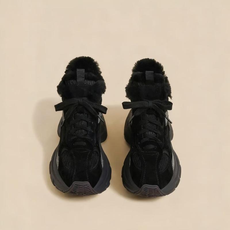 Зимние новые женские черные плюшевые повседневные пушистые туфли на толстой подошве, кроссовки-маффины