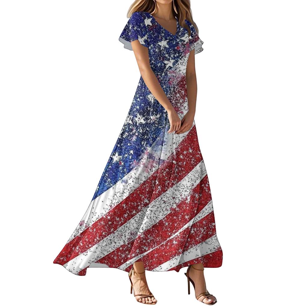 Женские повседневные модные длинные платья с принтом, платья с V-образным вырезом и коротким рукавом