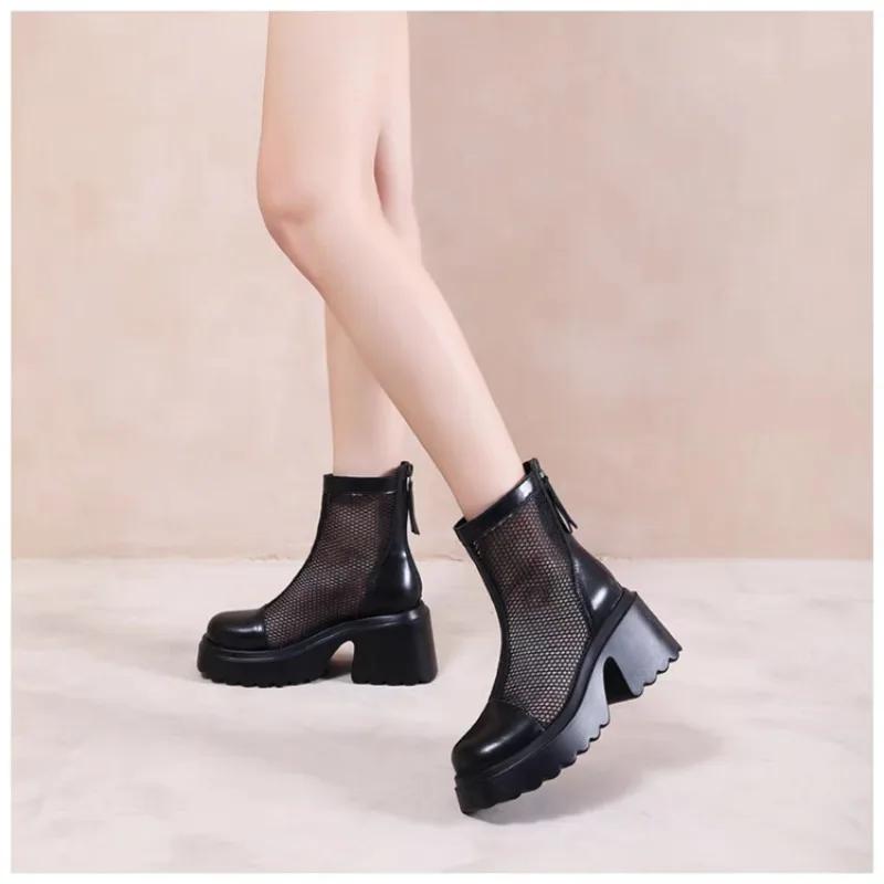 Мода 2025 Новая женская обувь Однотонные туфли с круглым носком и толстым каблуком Женские ботинки Модная сетчатая дышащая и удобная женская обувь