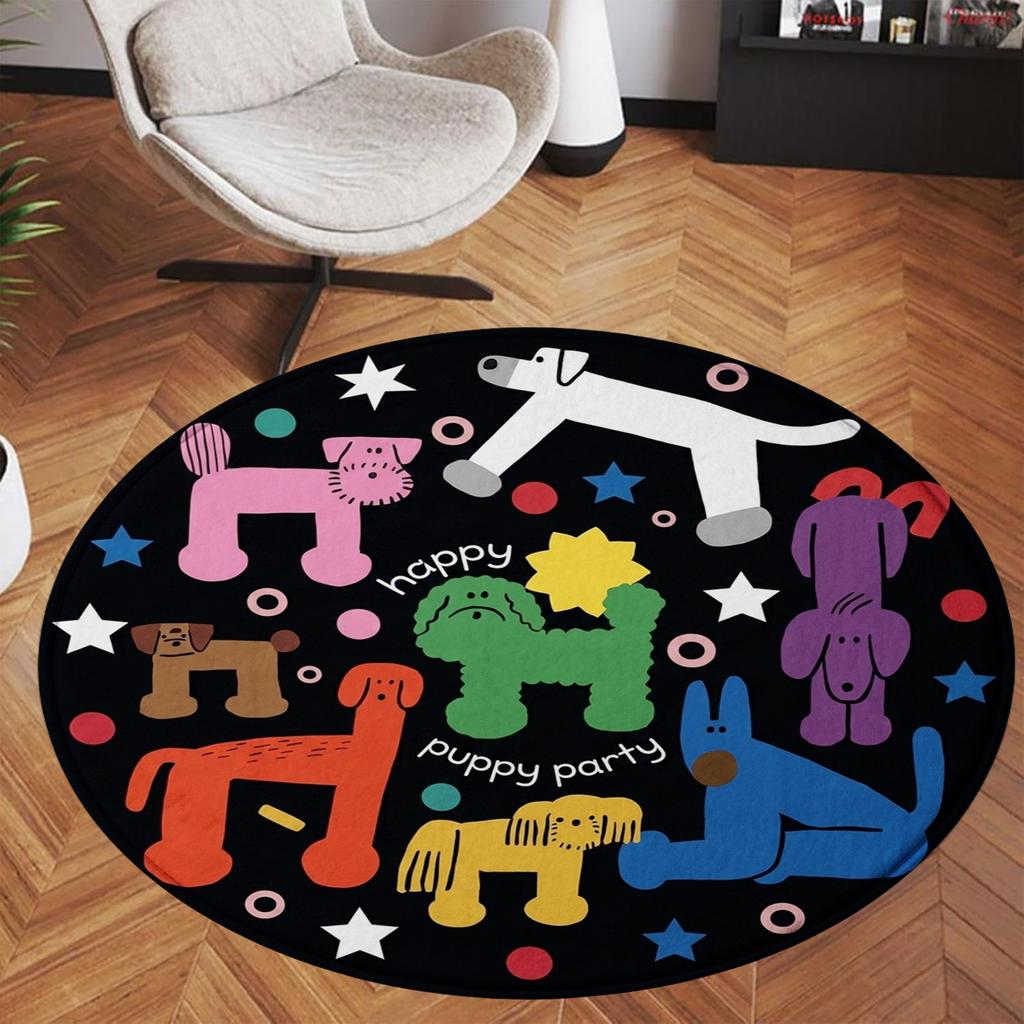 Happy Puppy Party Round Rug, Colorful Cartoon Animal Non - Slip Mat for Kids Room  Bedroom Decor