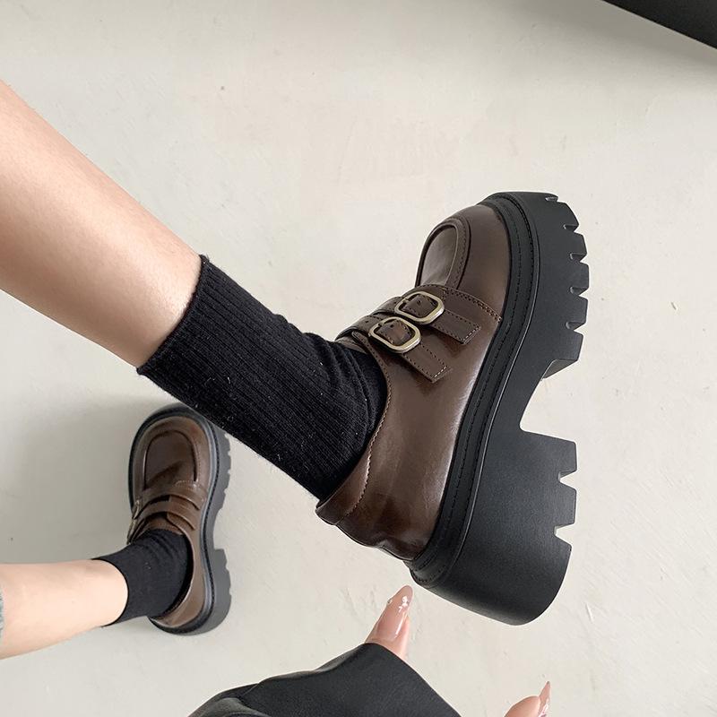 Французские туфли в стиле ретро с круглым носком на толстом каблуке и платформе, женские кожаные туфли 2025 года, новые осенние универсальные туфли с юбкой, увеличивающие рост