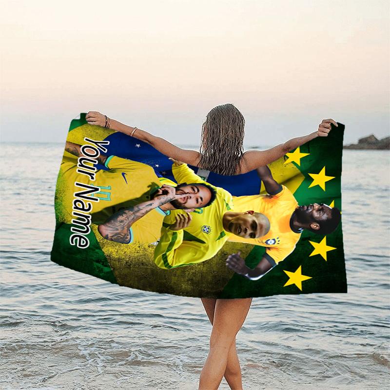 1pc Brazilian football player Beach Towel with Custom Name, Beach and Seaside Swimming Pool Equipment, Fashion Pattern, Rectangular, Travel Essential