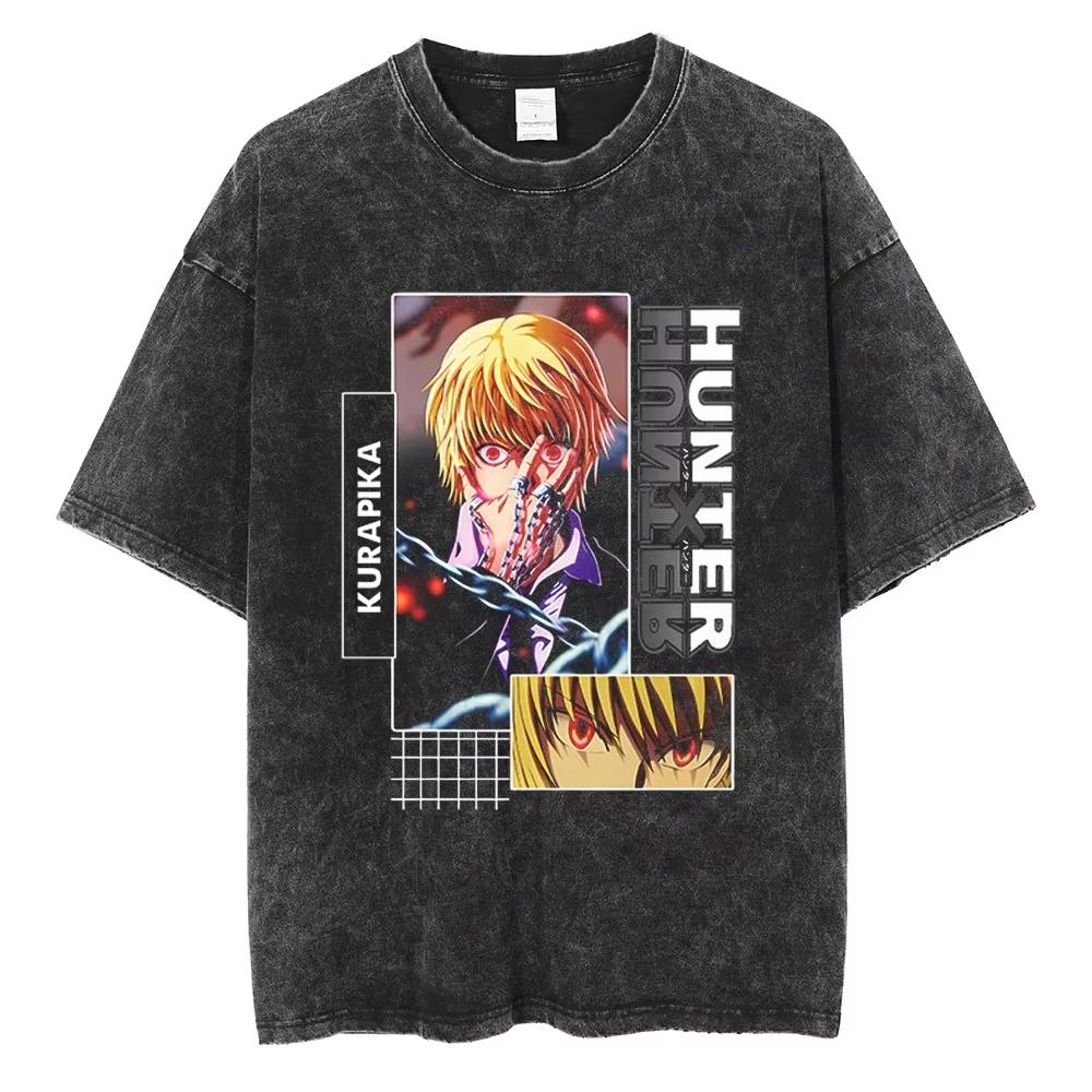 HUNTERHUNTER T Shirt Kurapika Manga Tshirt Men Women Hip Hop Washed Cotton Tshirt Clothing Summer Short Sleeve Toip Streetwear