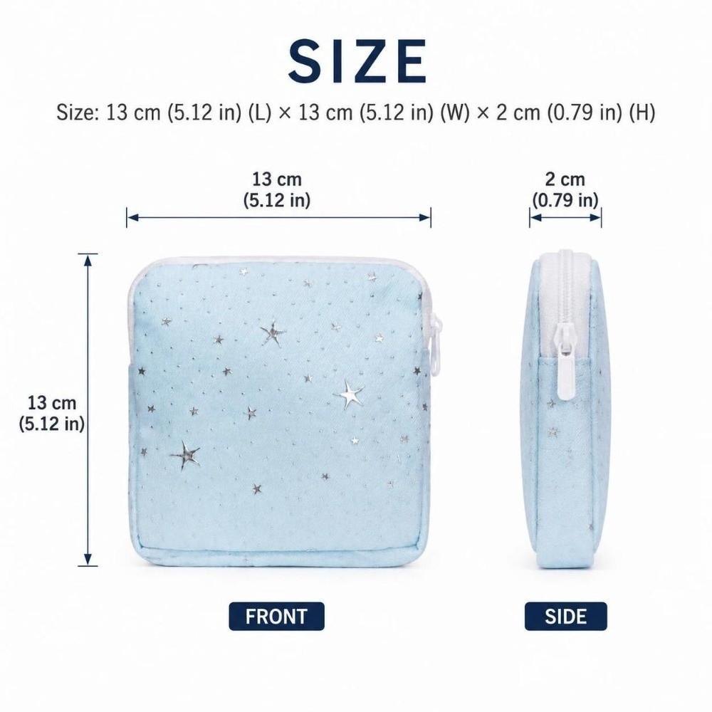 Silver Star Print Sanitary Napkin Storage Bag Zipper Closure Small Cosmetic Pouch  Women Girls