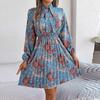 Women's Casual Elegant Flower Print Long Sleeve Tie Waist Long Sleeve Pleated Skirt Dress