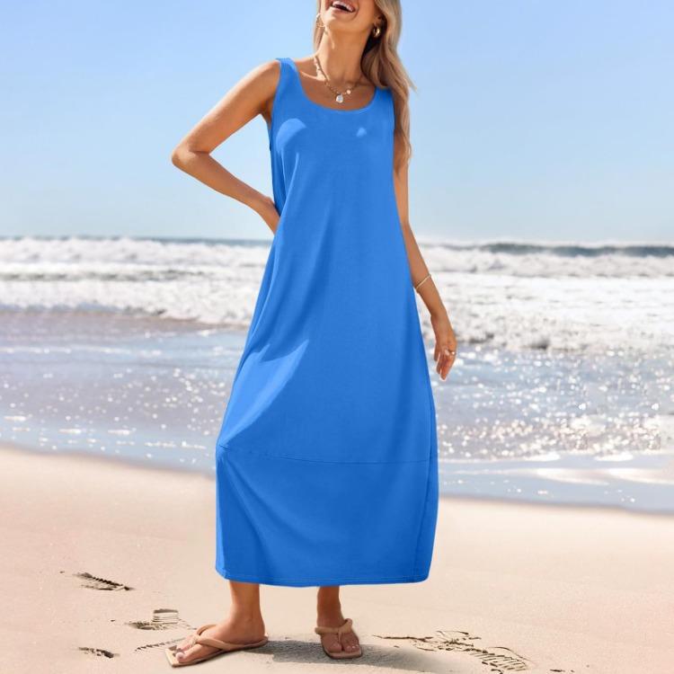 Summer Women's Casual Loose Sleeveless Round Neck Sundress Long Beach Dress