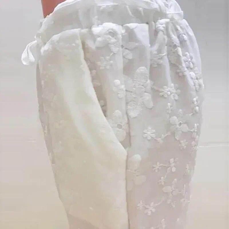 Элегантные свободные белые прямые брюки на шнурке, повседневные женские брюки из хлопка и льна с вышивкой до щиколотки, брюки с эластичной резинкой на талии 26162