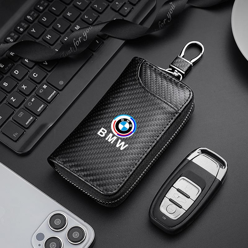 BBJV7 Carbon Fiber Leather Wallet Car Remote Key Storage Zippers Bag For Bmw 50th Anniversary M E36 F20 E46 E90 E87 E34 X3 X5 X6 M2 M3