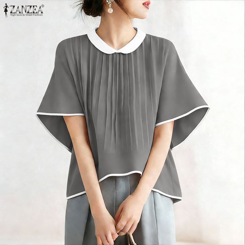 ZANZEA Женская повседневная летняя блузка с круглым вырезом и коротким рукавом