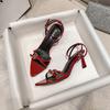 Модные летние сандалии нового стиля с тонкими ремешками, открытым носком, пряжкой, на шпильке, банкетные красные туфли на высоком каблуке для женщин