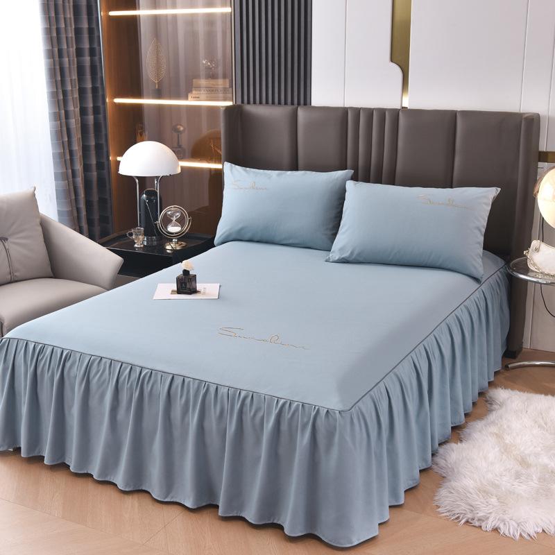 Solid Color New Light Luxury Simple Embroidered Single Bed Skirt Bed Sheet Non-slip Bedspread Four Seasons Princess Style Single Piece
