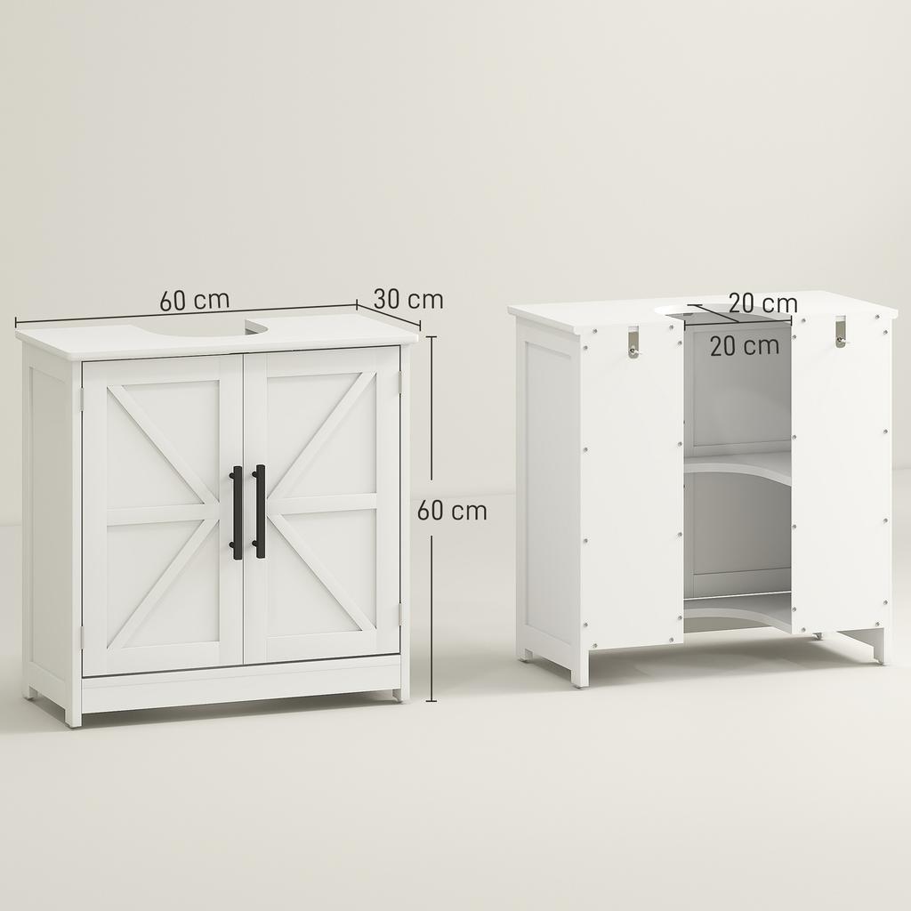 Under-sink Cabinet, Bathroom Cabinet with 2 Magnetic Barn-style Doors and Shelves, 60 x 30 x 60 cm, White