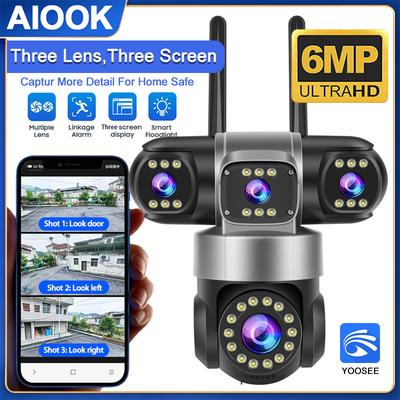 AIOOK YOOSEE Камера Уличная Водонепроницаемая HD 6МП WIFI IP CCTV Ночное Видение Двусторонняя Связь Умная Камера PIR Мобильное Отслеживание Трехобъективная Камера
