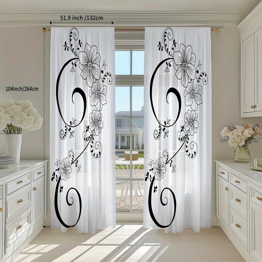 Elegant Black and White Floral Curtains Boho Pattern Drapes Romantic Scrollwork Panels for Kitchen Bathroom Bedroom Home Decor