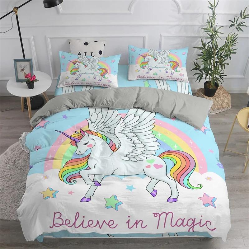 Children Cute Unicorn Duvet Cover Cartoon Bedding Set Rainbow Stripes Animals Children Kids Girls Gifts for Bedroom Decorations