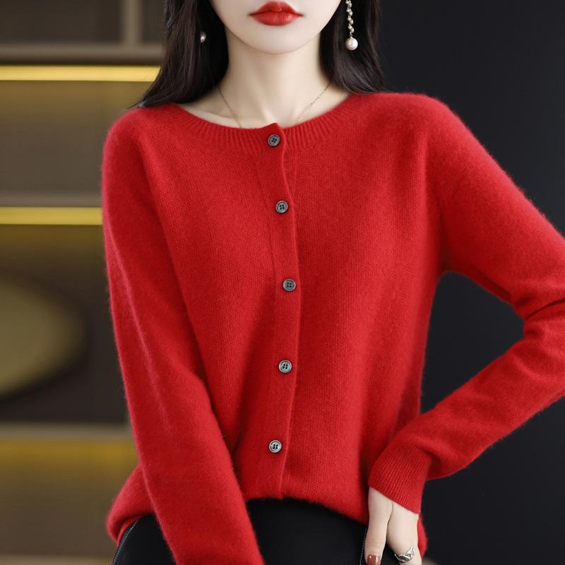 Knitted Cardigan Women's Spring and Autumn Simple Loose Sweater Coat Round-neck Long-sleeved Casual Sweater Cardigan