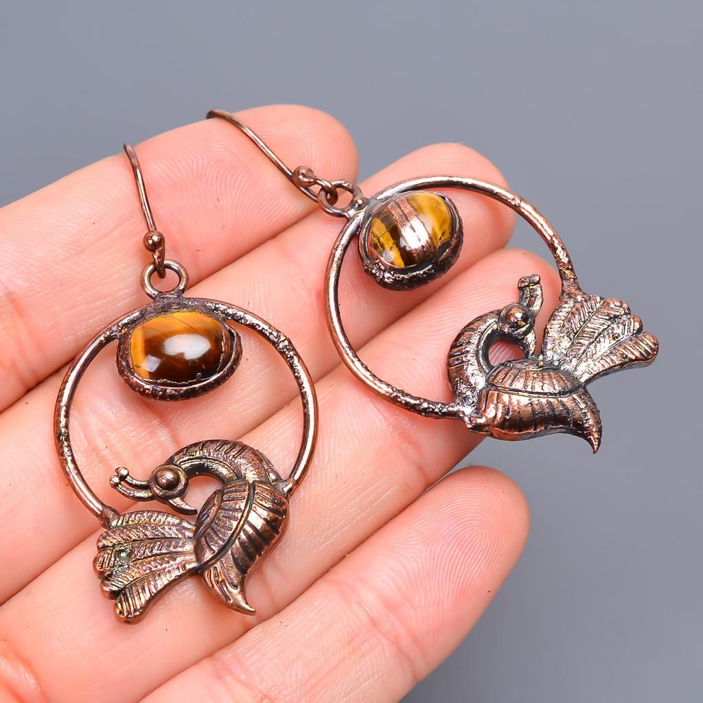 Сакральная чакра Тигровый глаз Драгоценный камень Медь Гальванопластика Серьги-подвески с крючком Ювелирные изделия V-43