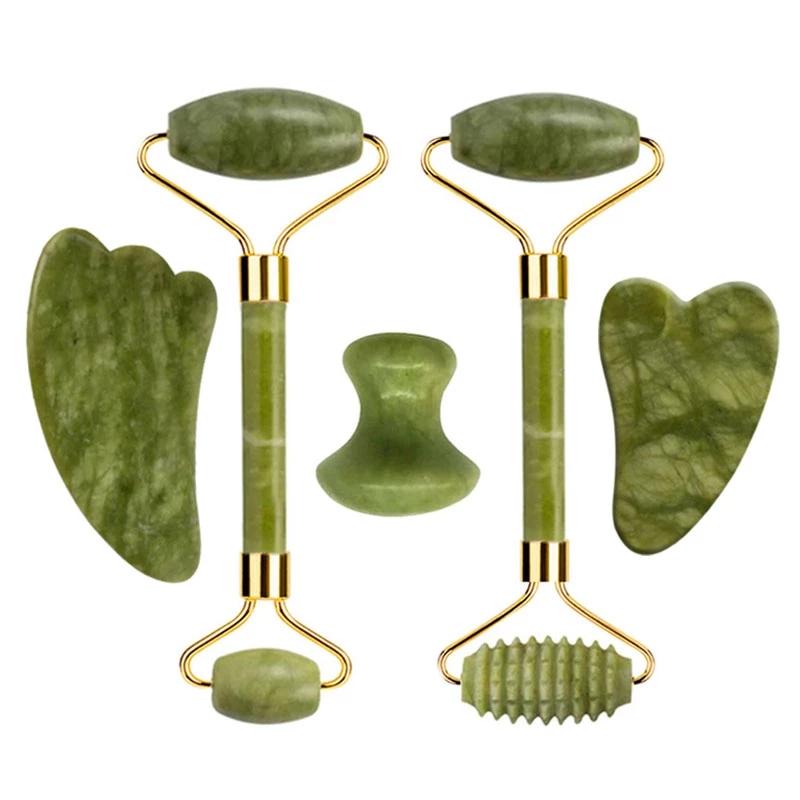 Natural Green Jade Roller Gua Sha Set Scraping Facial Massage Lifting Anti-Wrinkle Gouache Scraper Jade Massager Skin Care Tools