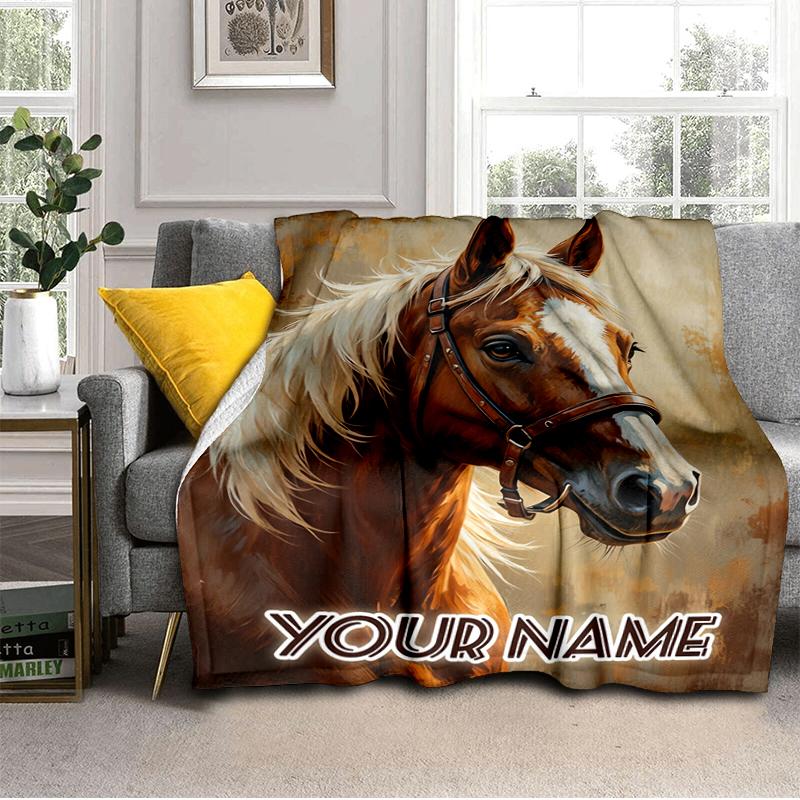 1PC Custom Name Equestrian Horse Portrait flannel blanket versatile,all-season throw suitable for the living room,bedroom,camping,travel,and gift