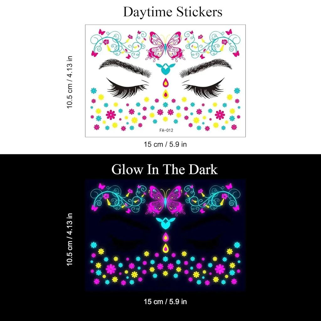 New Glow The Dark Tattoos Stickers Fake Face Temporary Tattoos Makeup UV Neon Floral Body Paint Tattoo Stickers Decorations