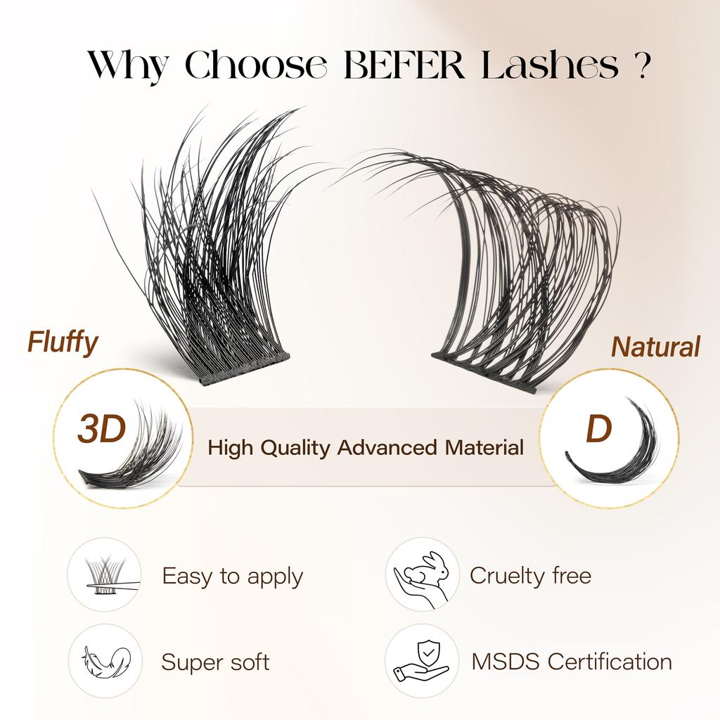 Befer 144pcs Lash Clusters 3D Natural Fluffy Cluster Lashes DIY Lash Extension 10-16mm Hight Quality Soft Super Thin Band Makeup