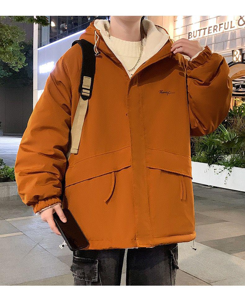 Мужская куртка с капюшоном из овечьей шерсти: Двусторонний, с бархатной подкладкой, Повседневный свободный крой для осени/зимы