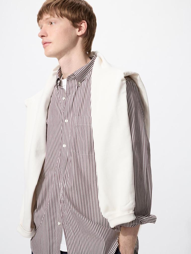 Uniqlo Рубашка BroAdcloth с длинным рукавом и воротником-стойкой в полоску A
