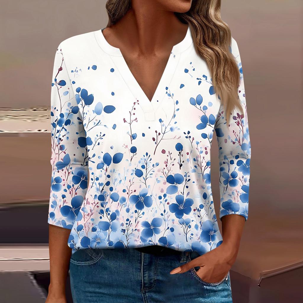Женская футболка Футболка с принтом Рукав 3/4 Повседневные Выходные Мода Базовый V-образный вырез Обычный топ