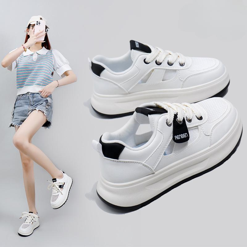 Summer Versatile New White Sneakers Breathable Hollow Sandals Thick Bottom Color Blocking Casual Board Shoes.