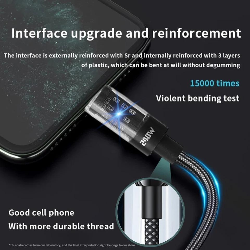 Кабель сверхбыстрой зарядки 240 Вт, интерфейс USB C, нейлоновая оплетка, прозрачный Type C, высокоскоростной зарядный провод, кабель для быстрой зарядки и передачи данных