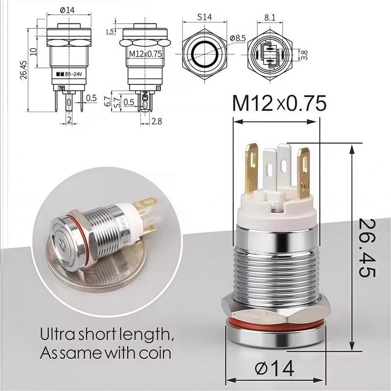 12mm 7A high current metal push button switch,DC12V24V LED,car/computer modification switch