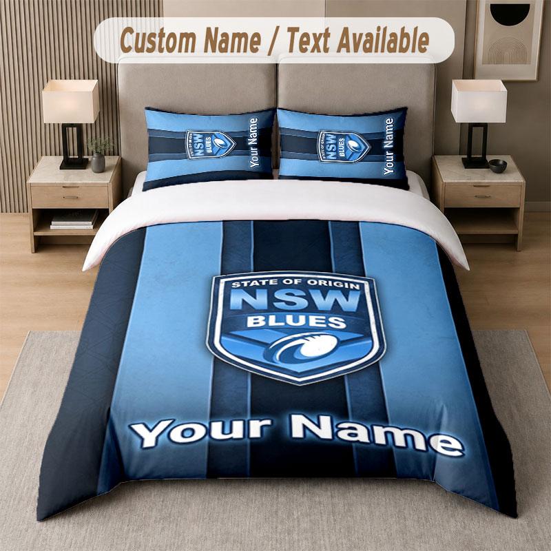 Custom Bedding Set NSW Blues logo Pattern, Print Name Text 1 Duvet Cover plus 2 Pillowcases Home Textile