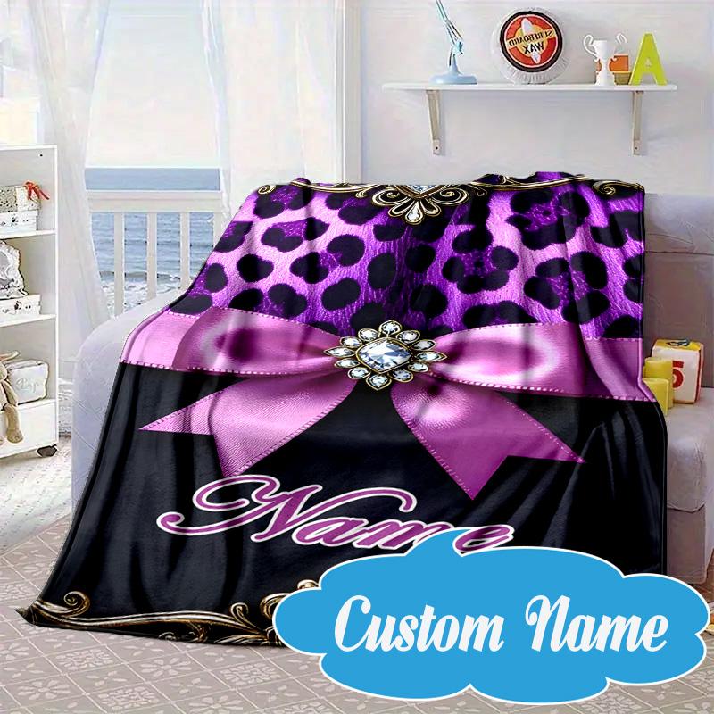 Custom Name Leopard Print Bow Blanket bed sofa Blanket Flannel Blanket for Camping, Hiking, Picnic Essentials,gift for Fan family