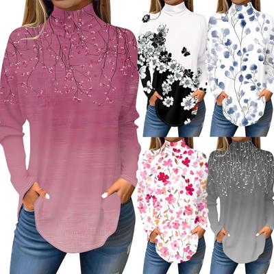 Женская модная повседневная футболка с длинным рукавом с высоким воротом и принтом, пуловер, топ